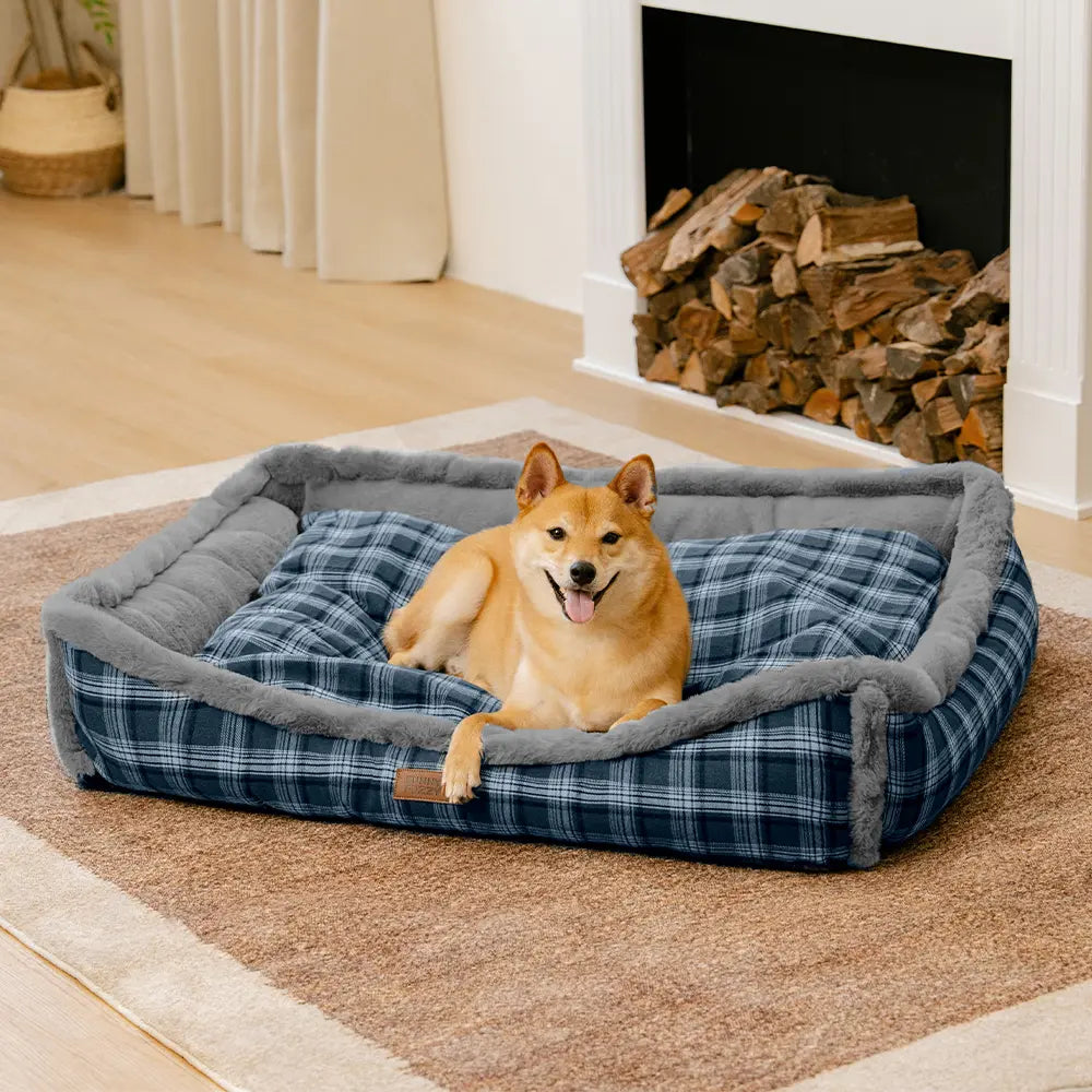 Vintage Checkered Washable Plush Cozy Bolster Dog Bed – TuckNap
