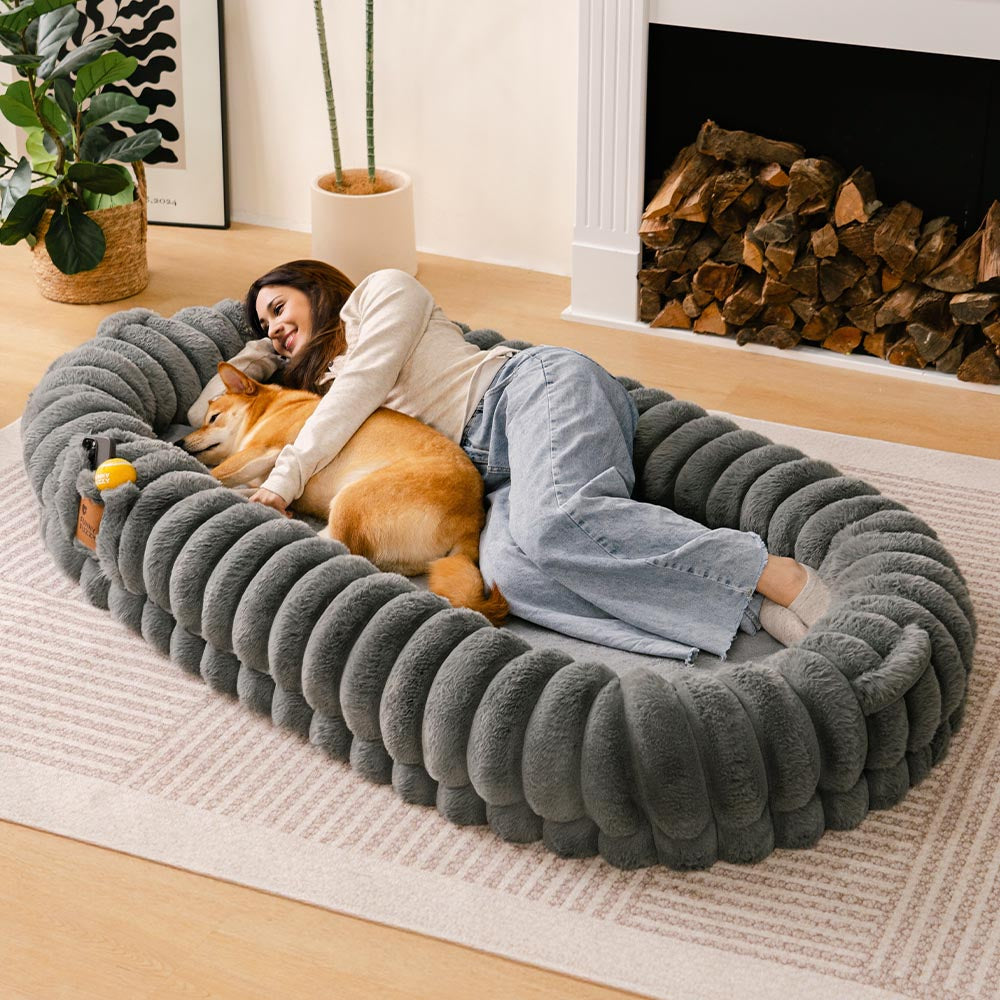 Lit pour chien humain en forme de beignet super grand et moelleux classique - Berceau câlin