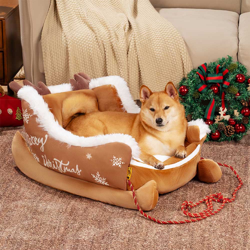 Festliches, gemütliches Hundebett aus Plüsch – Weihnachtsschlitten