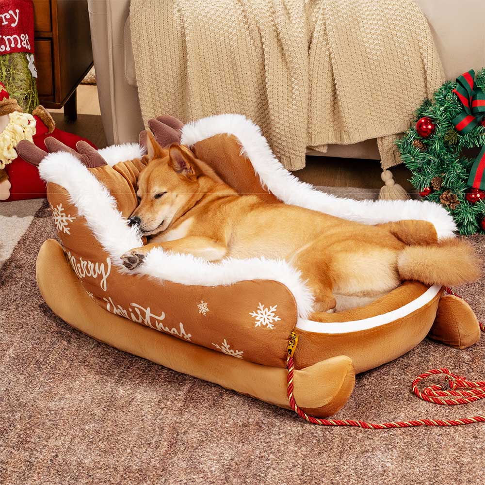 Festliches, gemütliches Hundebett aus Plüsch – Weihnachtsschlitten