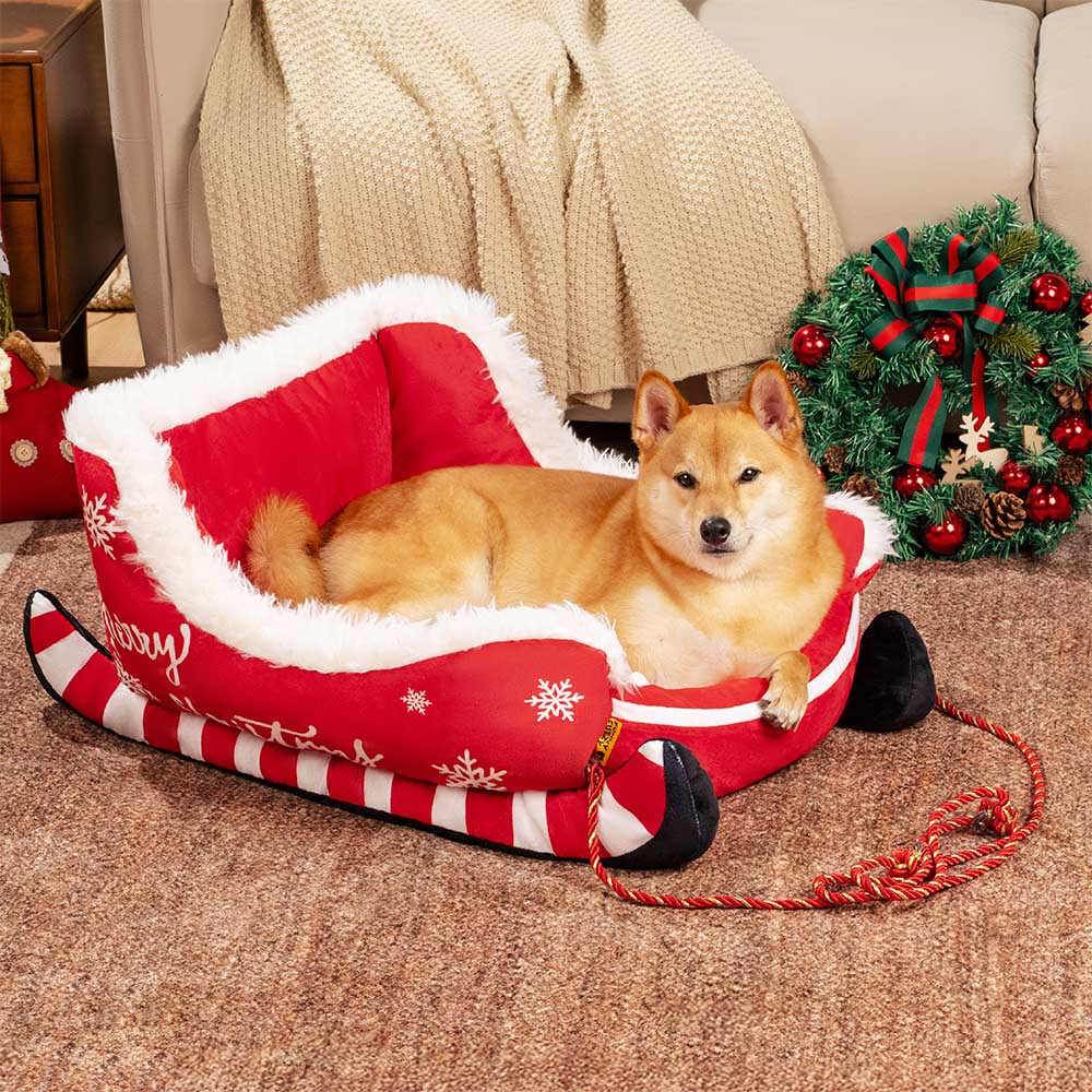 Festliches, gemütliches Hundebett aus Plüsch – Weihnachtsschlitten