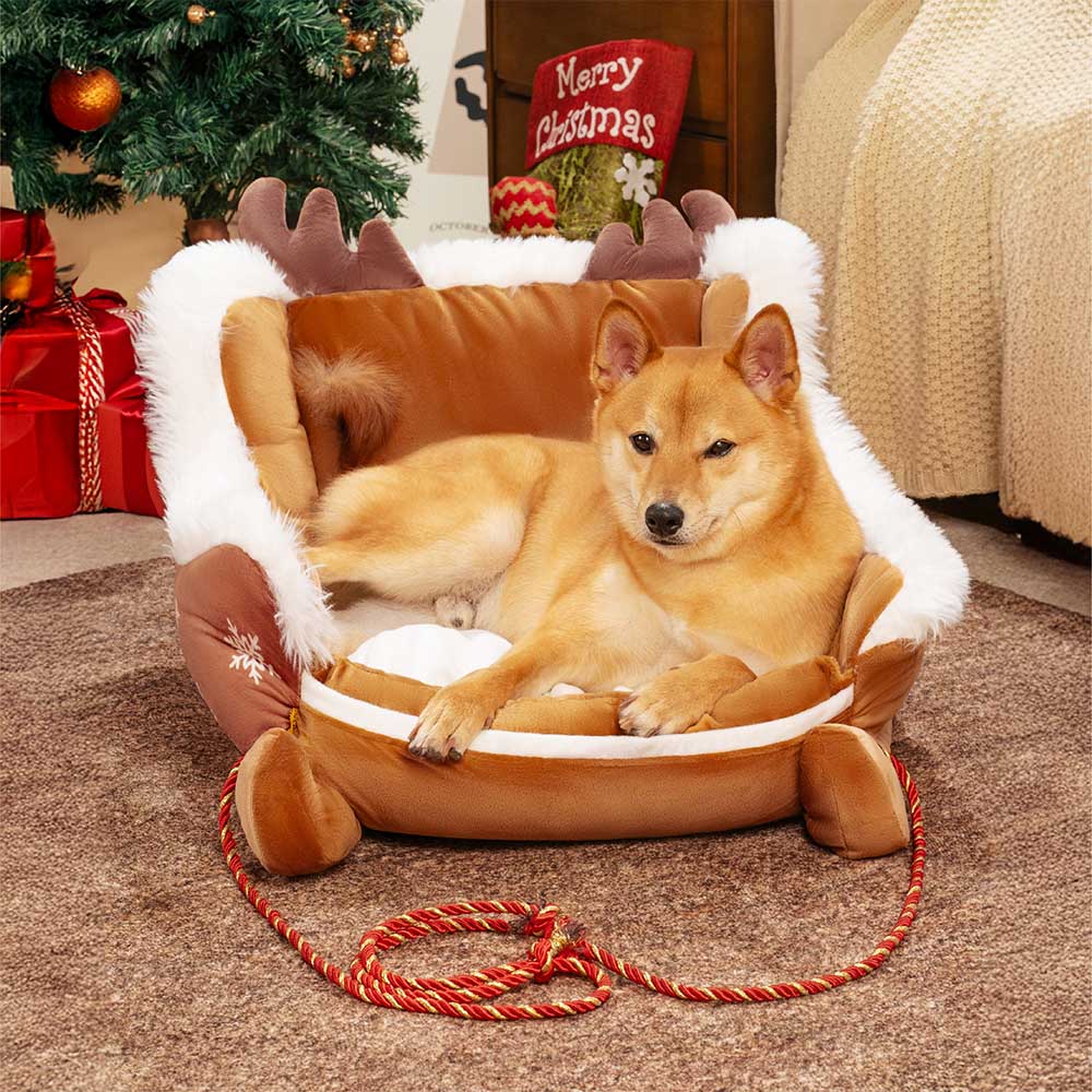 Festliches, gemütliches Hundebett aus Plüsch – Weihnachtsschlitten