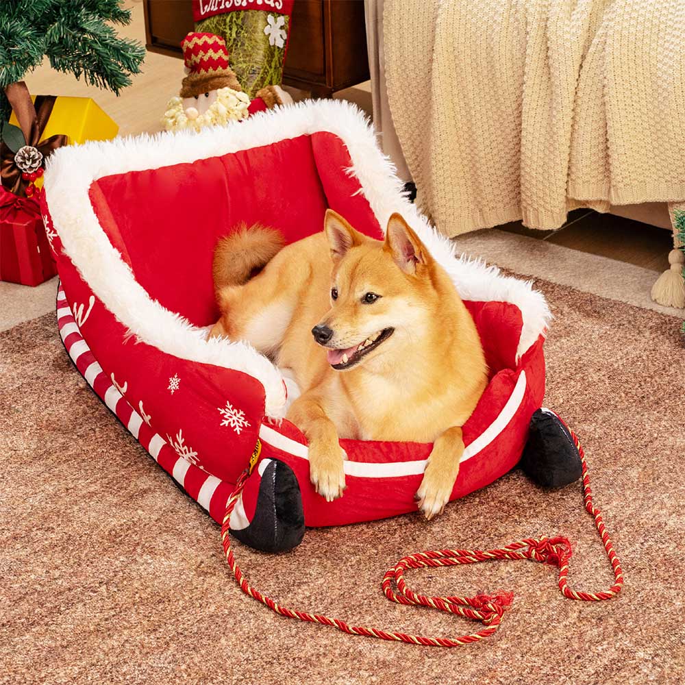 Festliches, gemütliches Hundebett aus Plüsch – Weihnachtsschlitten