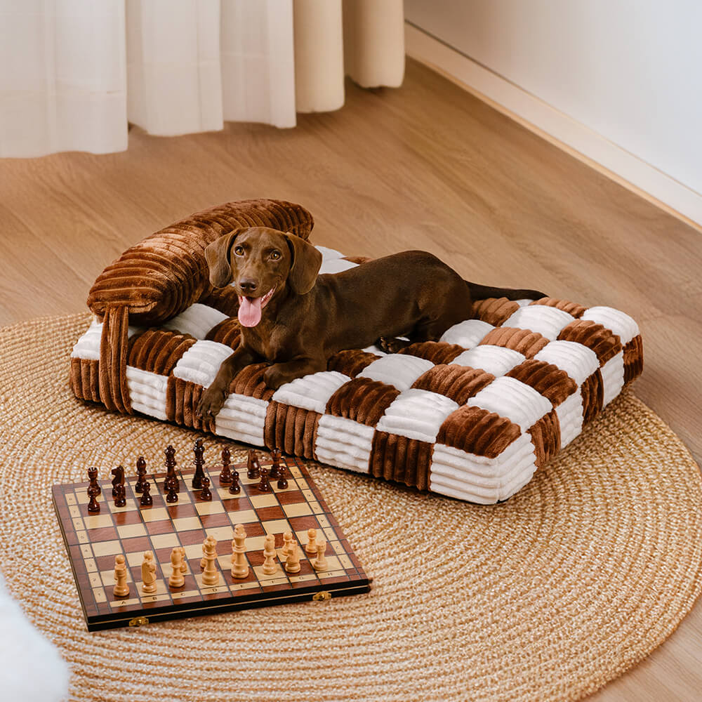 Handgefertigtes Plüsch-Schachbrett-Hundebett mit orthopädischer Unterstützung und Kissen