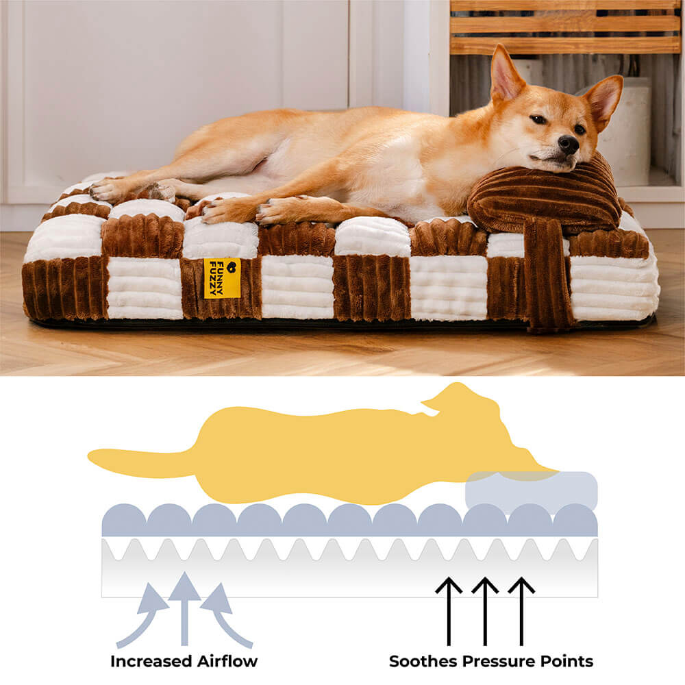 Handgefertigtes Plüsch-Schachbrett-Hundebett mit orthopädischer Unterstützung und Kissen