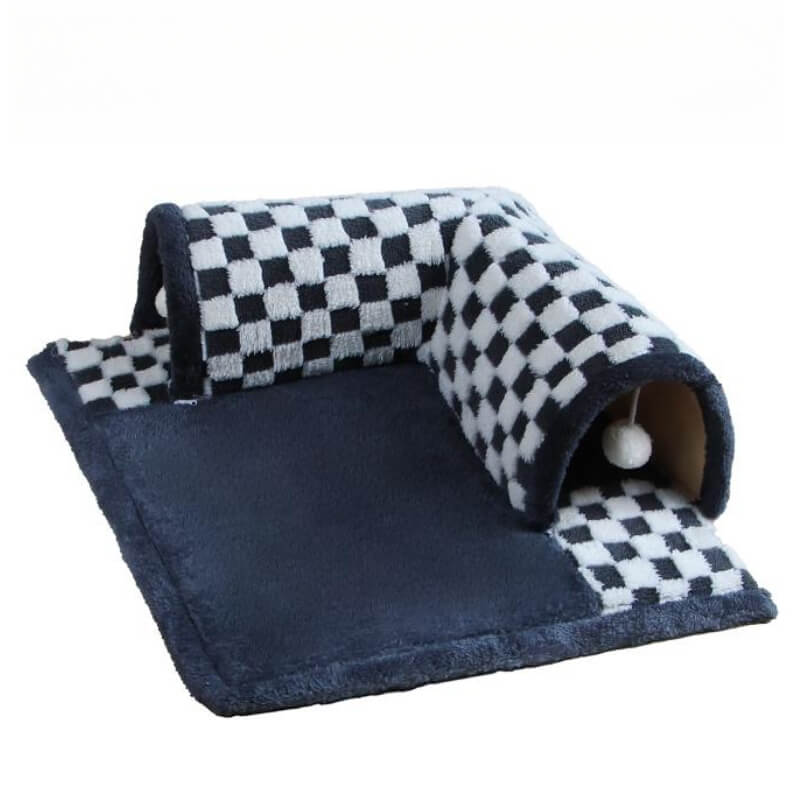 Lit tunnel pour chat à carreaux en peluche 2 en 1