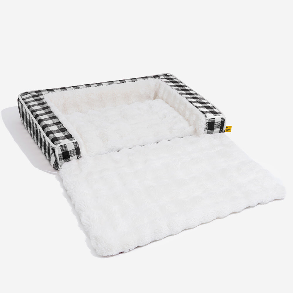 Klassisches, kariertes, ergonomisches, beruhigendes Hundebett – erweiterbar und waschbar
